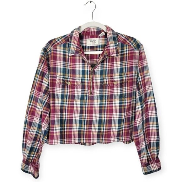 Vintage Krazy Kat Burgundy Green Yellow Plaid Quarter Zip Cropped Flannel Shirt - Picture 1 of 3